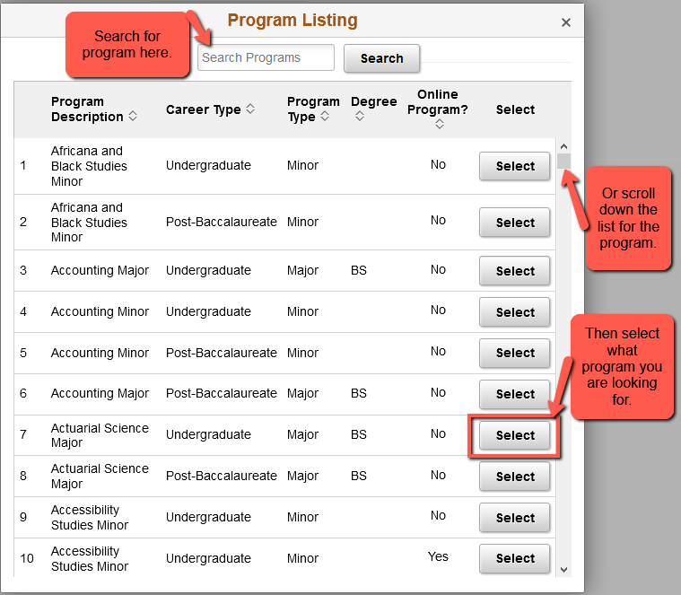 Search for a program and click the select button
